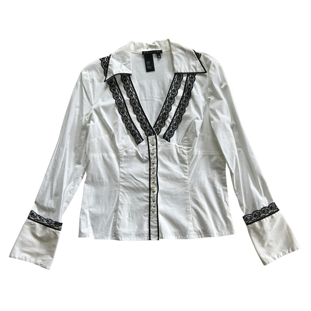 Lace Button Down Collared Top Y2K Office Siren Contemporary Preppy Professional